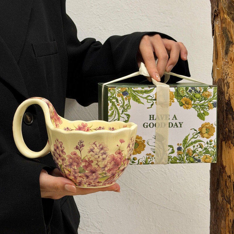 高颜值繁花钱曲把咖啡杯高级感陶瓷马克杯女生精致生日礼物伴手礼