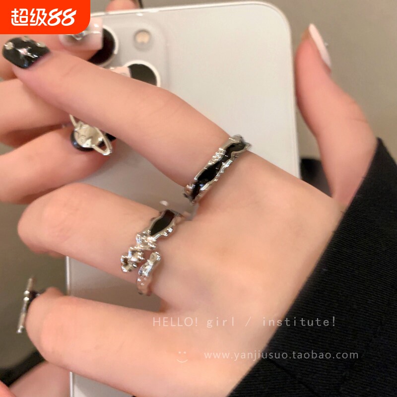 甜酷风黑色滴釉戒指女轻奢高级感网红食指戒小众设计开口戒指男生