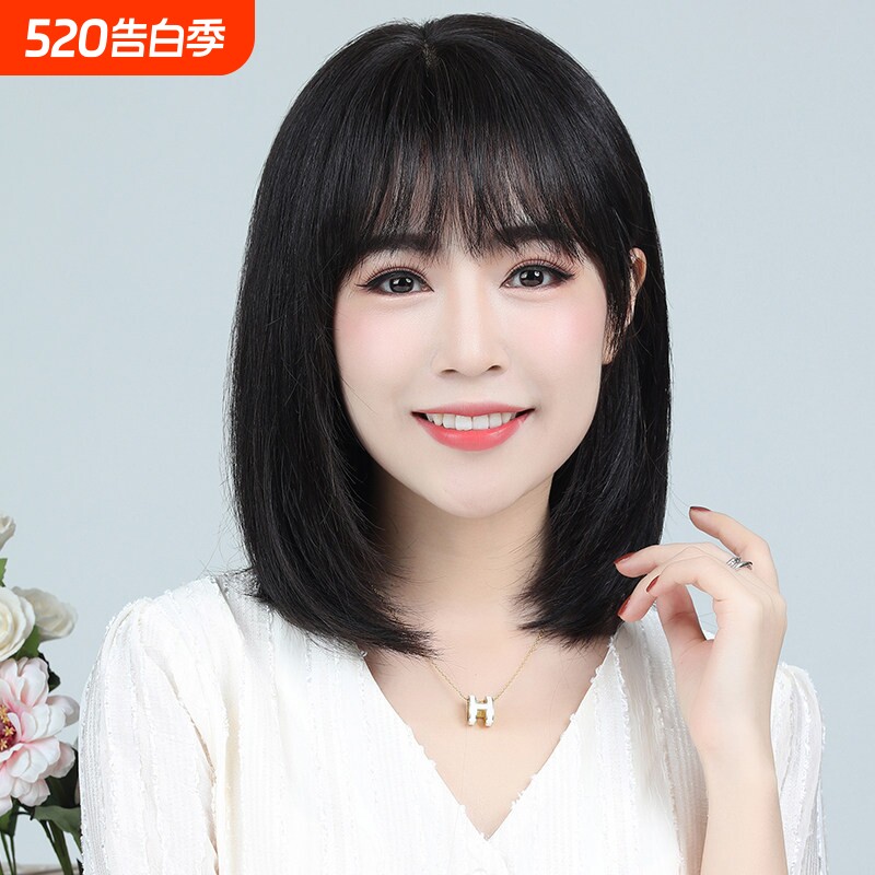 假发女长发短发真发中长直发空气刘海锁骨发圆脸真人发丝全头套