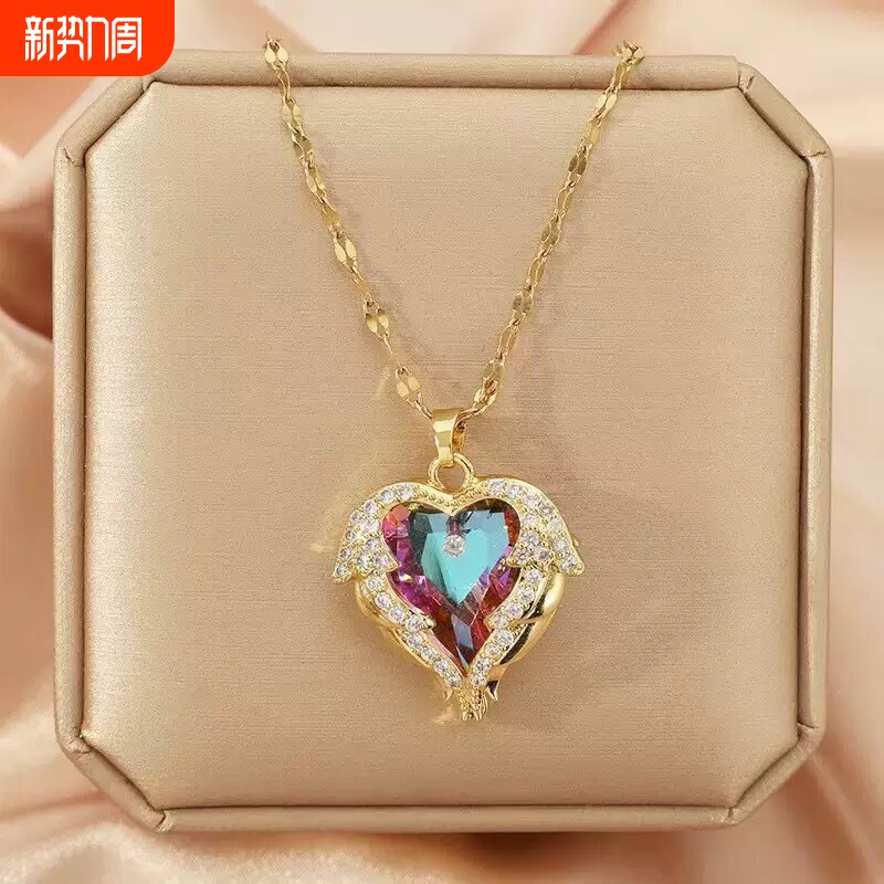 欧美海洋之心炫丽紫光爱心彩色水金吊坠项链女高级感锁骨配饰