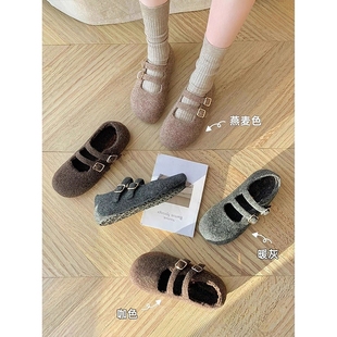 加绒保暖公主平底鞋 女秋冬季 子 增高4cm勃肯毛毛玛丽珍单鞋 羊绒版
