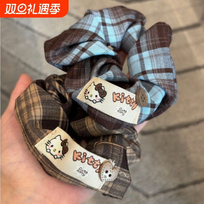 韩复古小熊布标发绳学院风格纹布艺方巾大肠圈头绳扎学生马尾发饰