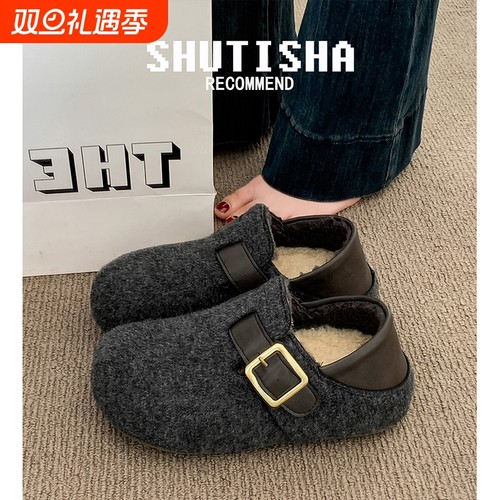 复古内增高两穿勃肯鞋女2025新款秋冬毛绒超火灰色厚底加绒棉鞋子