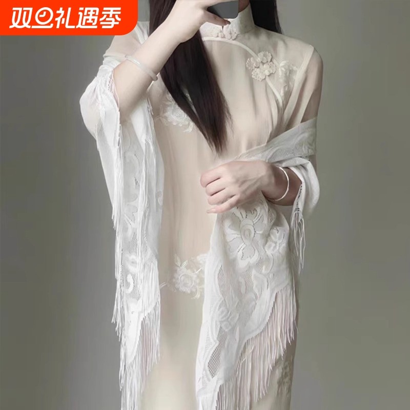 新中式中国风高级感蕾丝旗袍披肩防晒衣外搭女薄流苏开衫外套