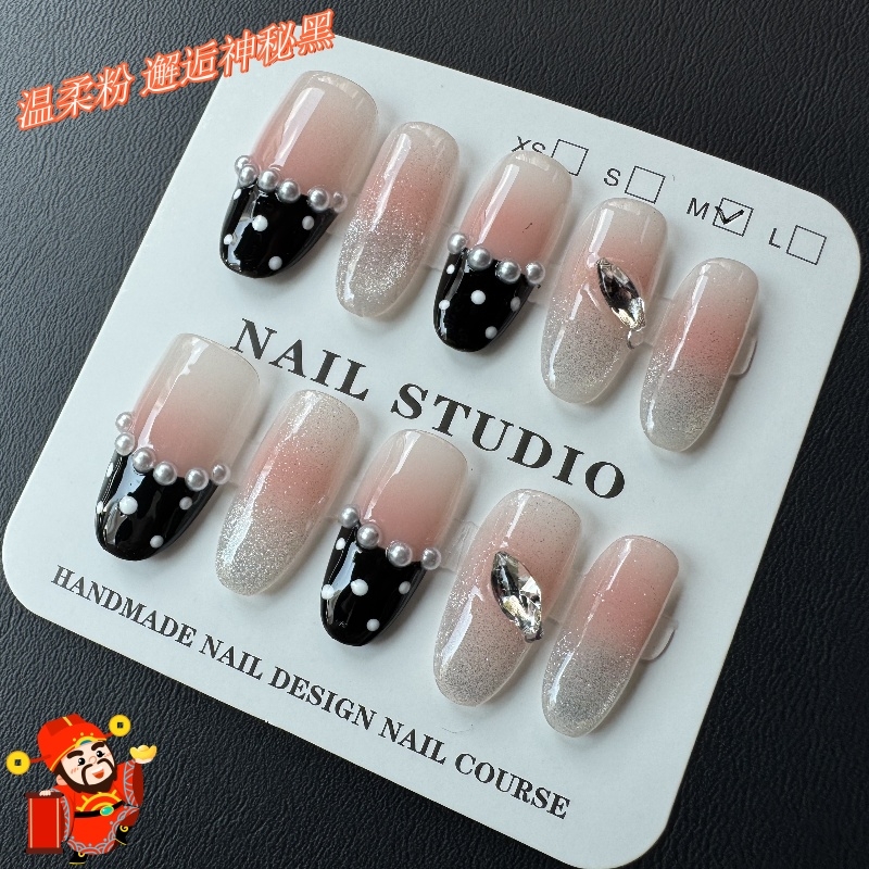 冥月黑影高级显白黑色法式美甲长款爆闪猫眼碎钻纯手工穿戴甲冰糖