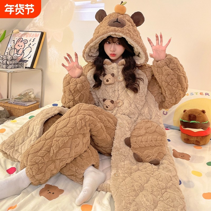 珊瑚绒睡袍女冬季三层加厚夹棉加绒睡衣法兰绒长袖女士大码家居服