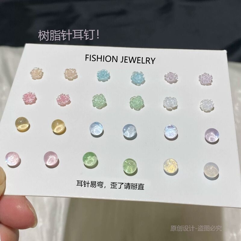 清新色小糖豆耳钉树脂针2026新款小山茶花设计感少女学生防堵耳饰