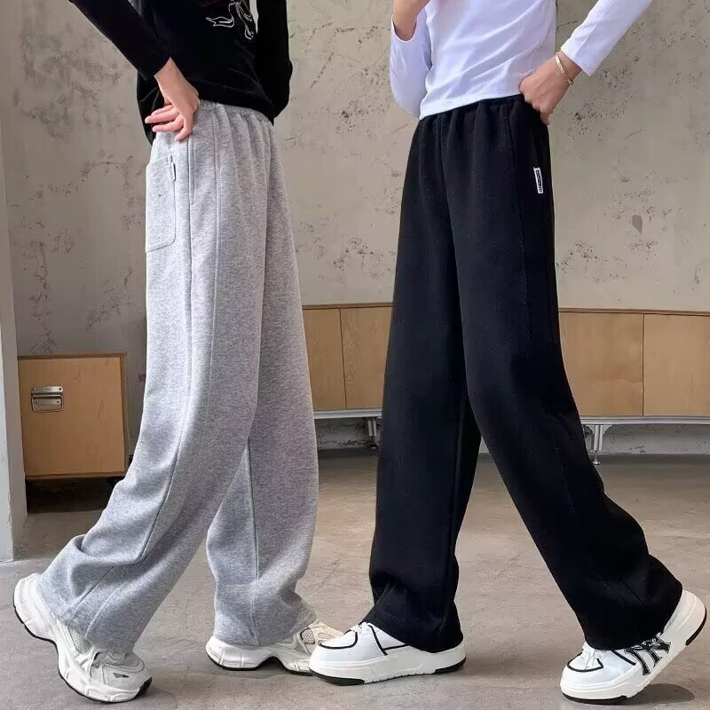 女童阔腿裤直筒裤秋冬款中大童初中生儿童冬季加绒休闲运动裤灰色