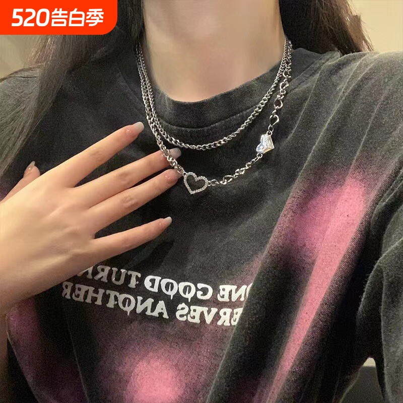 辣妹项链女高级设计感小众双层T恤链锁骨链气质甜酷配饰颈链爱心