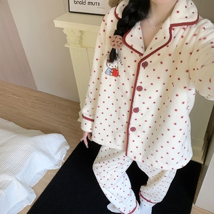 波点kt猫睡衣女秋冬季 ins风保暖加绒加厚法兰绒家居服 珊瑚绒长袖
