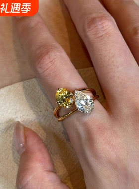 富贵感vintage双色水滴锆石戒指精致轻奢小众设计感交织钻食指戒