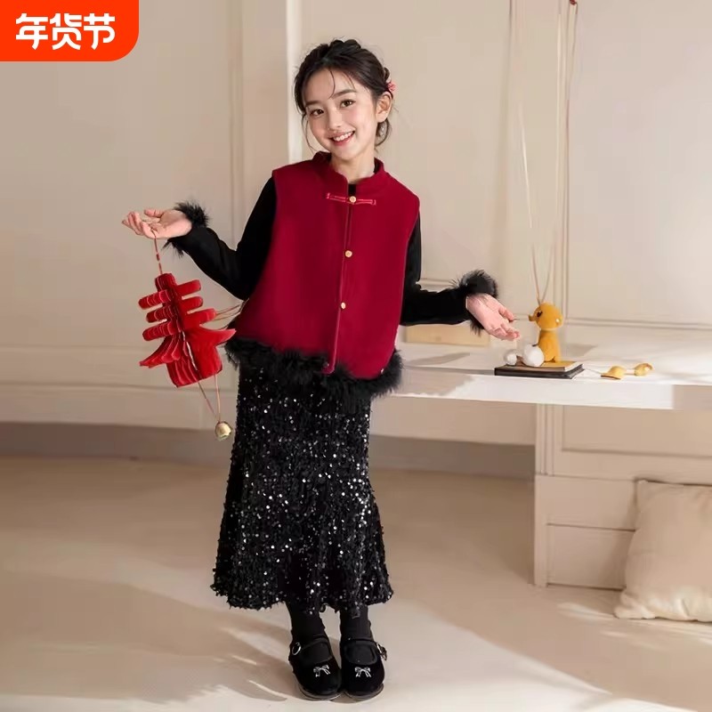 女童拜年服冬装新中式红色马甲亮片裙子小香风儿童新年战袍三件套,童装/婴儿装/亲子装,套装,淘宝优惠券,粉丝福利购,淘宝优惠卷