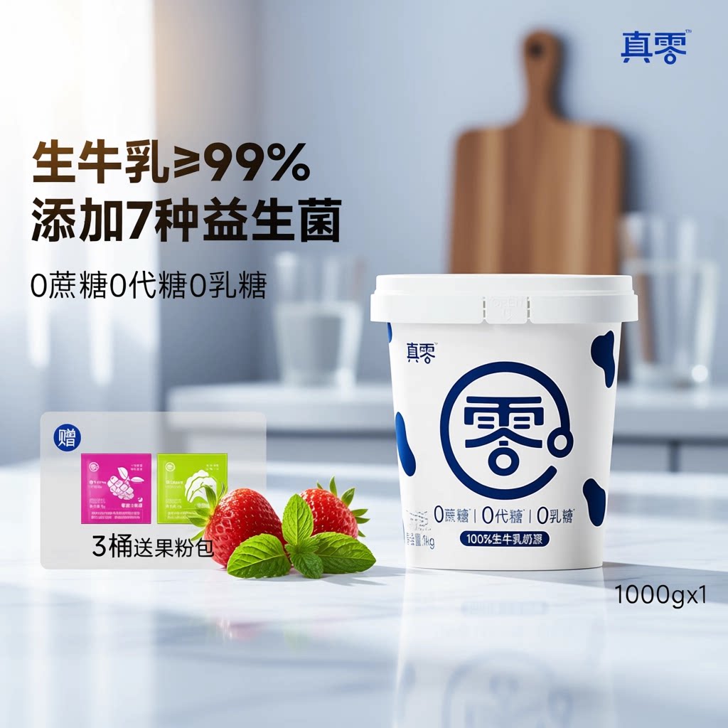 真零酸奶0乳糖无蔗糖低温鲜牛奶原味纯酸奶2斤桶装营养代餐酸奶碗