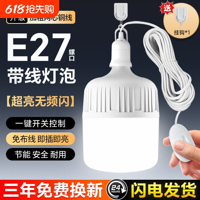LED灯泡家用节能照明灯插电式灯座带插头开关线悬挂式E27螺口灯
