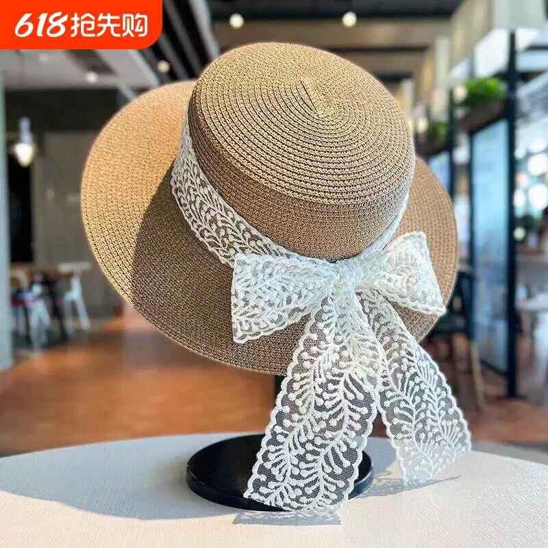 清新草帽蝴蝶结时尚海边百搭平顶蕾丝遮阳帽草编帽子沙滩防晒