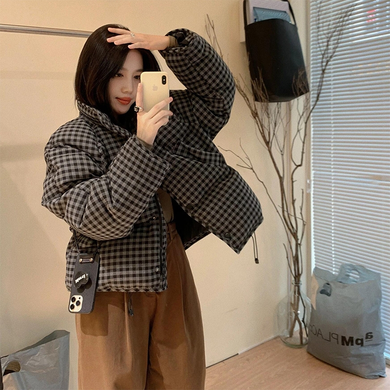 百搭慵懒格子立领短款棉服外套孕妈冬季新款宽松保暖拉链开衫ins