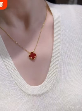 红码碯幸运四叶草项链女纯银镀18k玫瑰金轻奢锁骨链礼物黄金金色