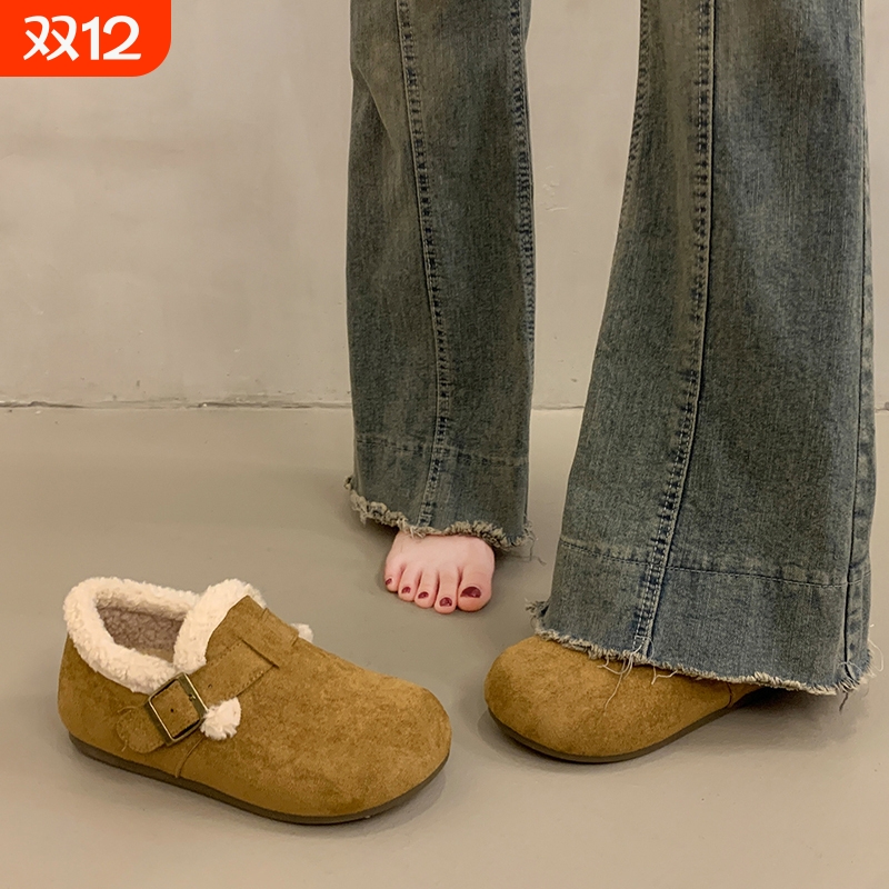 勃肯鞋女2025冬季新款外穿保暖加绒加厚懒人一脚蹬厚底乐福鞋女款