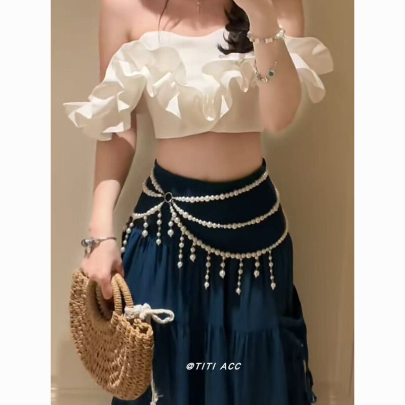 海边度假风腰链女甜酷复古辣妹仿珍珠流苏腰链