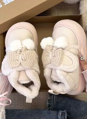 无品牌可爱毛球蝴蝶结魔术贴厚底雪地靴女2025防滑加绒保暖棉鞋