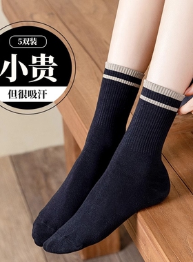 袜子女款秋冬条纹中筒袜学院风女生春秋百搭运动无骨袜黑色长筒袜