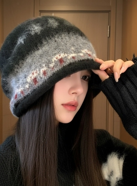 2026新款费尔岛帽子女秋冬季冷帽大头围防寒保暖堆堆帽显脸小黑色