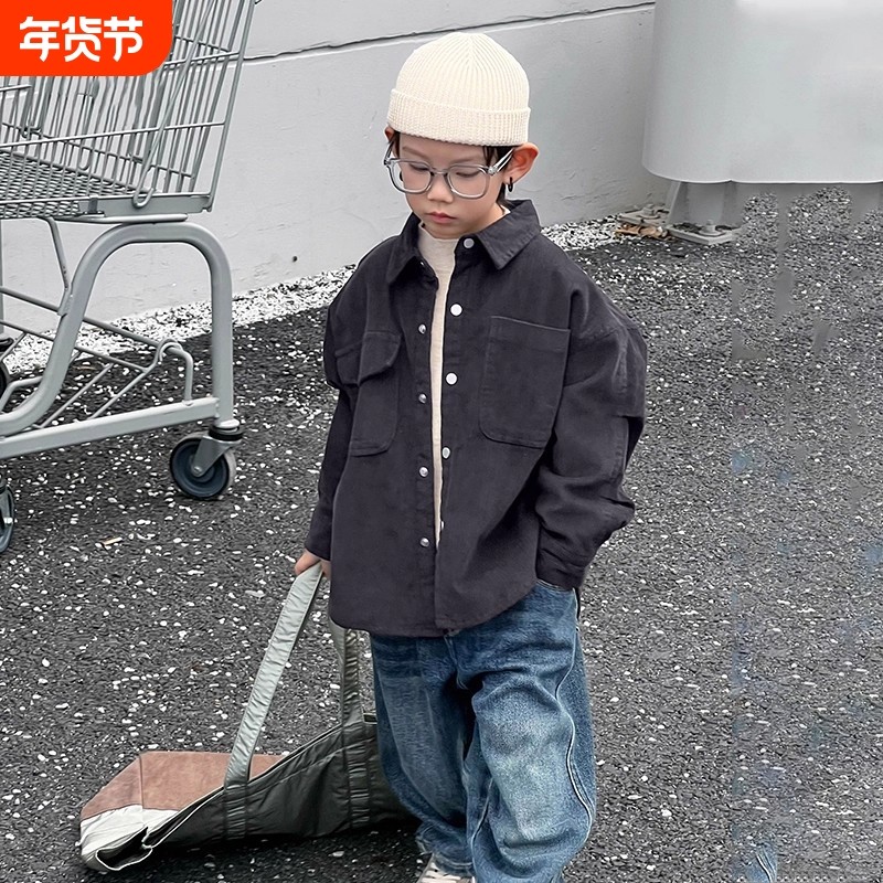 男童加绒保暖外套秋冬新款中大童韩版灯芯绒衬衫中小童宝宝上衣潮