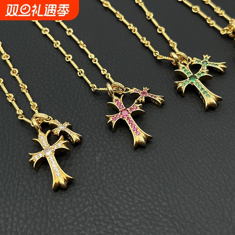 ODEK高级22k金色双十字架项链男女轻奢小众欧美vintage