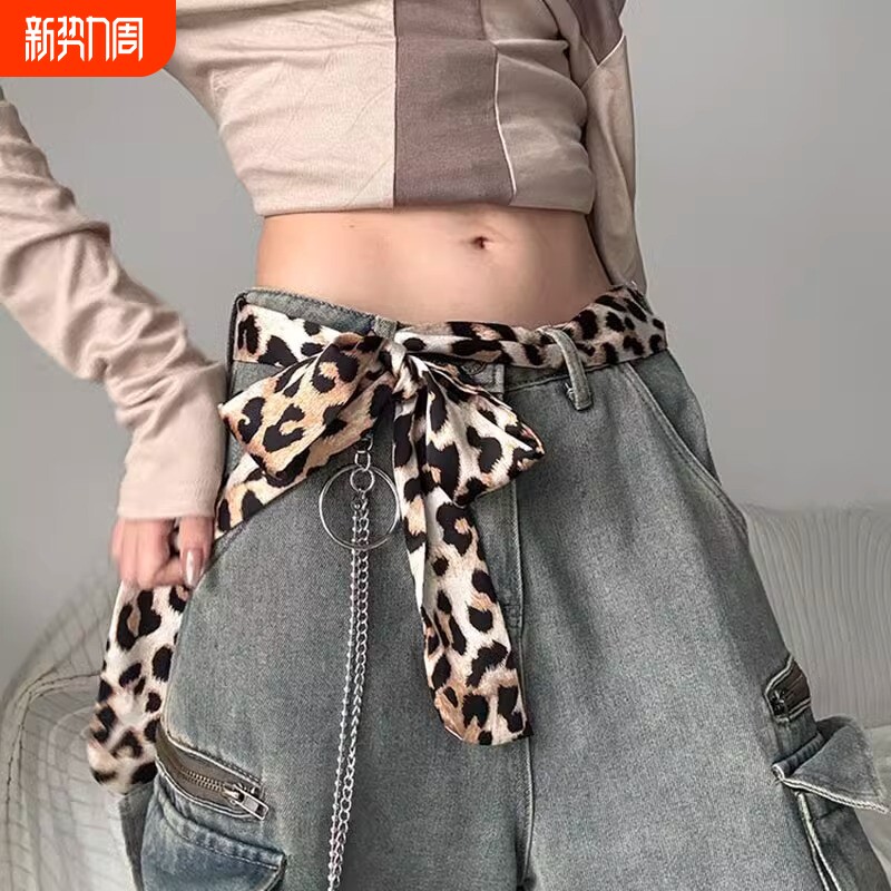 复古小众设计豹纹细窄女长条围脖发带腰带丝巾绑发配衬衫时尚配饰