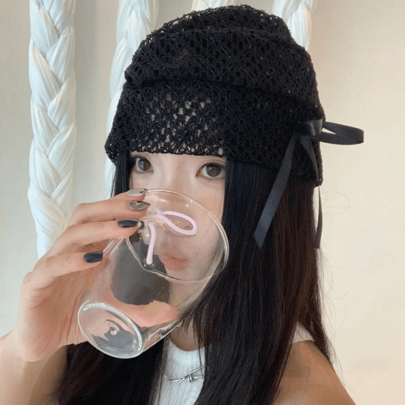 蕾丝镂空蝴蝶结冷帽女黑色弹力堆堆帽设计感小众包头帽子头巾秋季