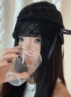 蕾丝镂空蝴蝶结冷帽女黑色弹力堆堆帽设计感小众包头帽子头巾秋季