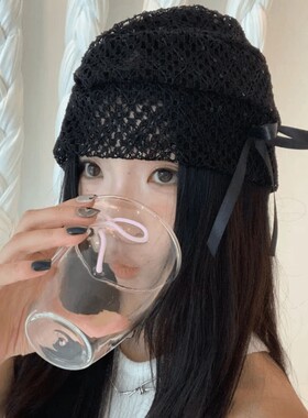 蕾丝镂空蝴蝶结冷帽女黑色弹力堆堆帽设计感小众包头帽子头巾秋季