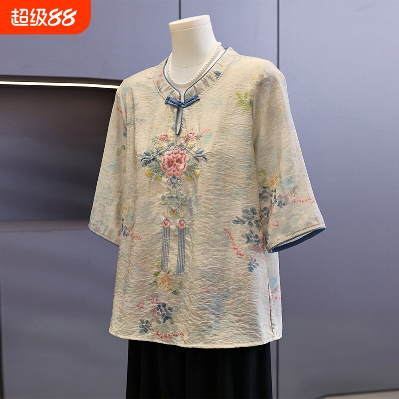 妈妈夏款新中式国风刺绣短袖T恤图片