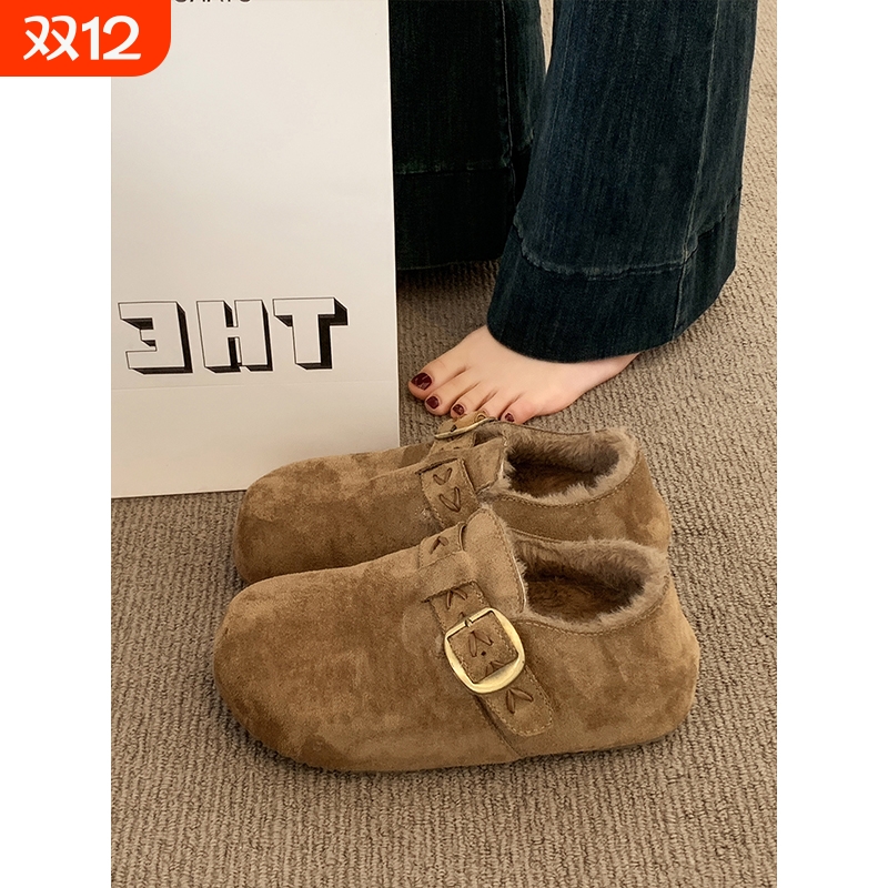 厚底勃肯鞋女加绒毛毛豆豆鞋2025新款冬季女鞋子复古百搭保暖棉鞋