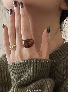 2025新款小众独特异形复古树脂戒指女冷淡风食指戒个性气质指环