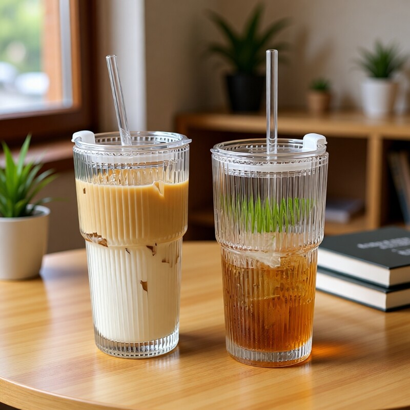 ins风大容量带盖带吸管竖条纹玻璃杯高颜值冷饮杯果汁咖啡杯水杯