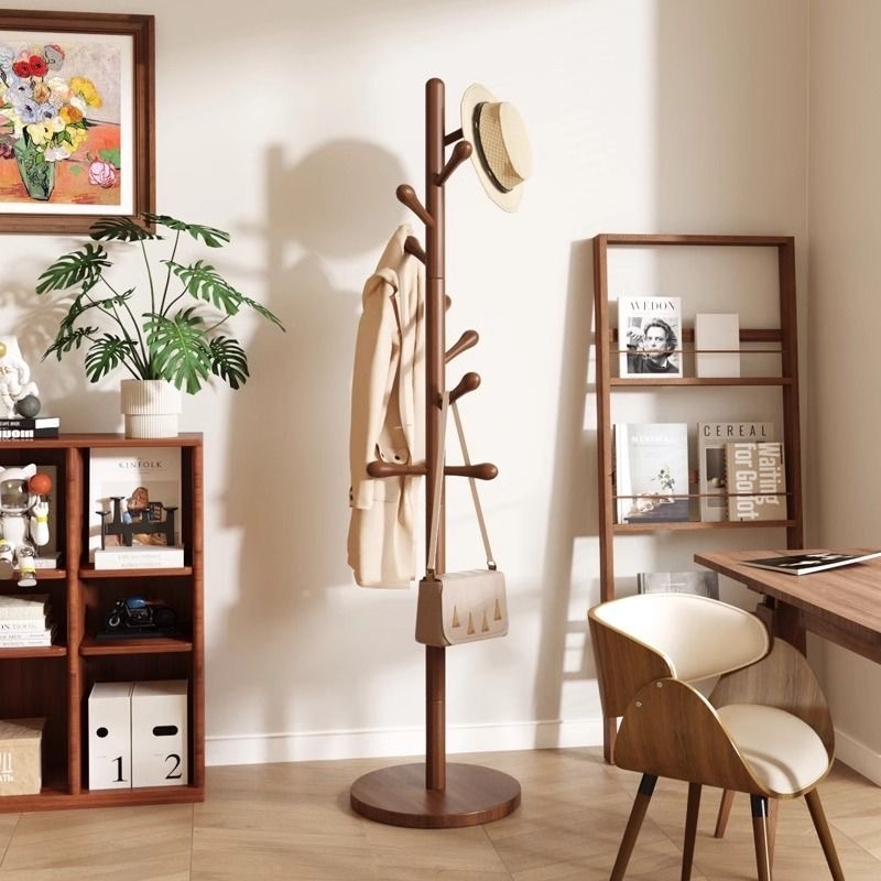 实木衣架落地家用卧室挂衣架榉木简易立式秋冬客厅衣帽架挂包架