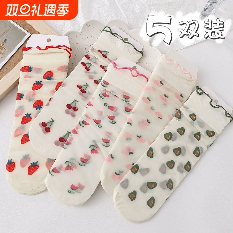 女童袜子夏季薄款防蚊中筒水果丝袜小学生女孩透明花边水晶长筒袜