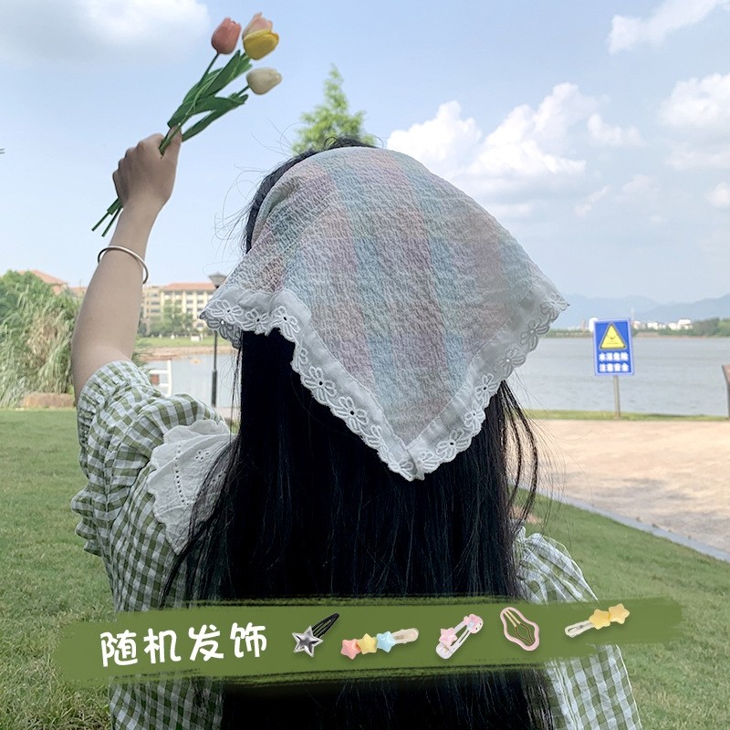 头巾ins高级感三角形赠送小饰品 法式头巾夏女田园三角巾发箍
