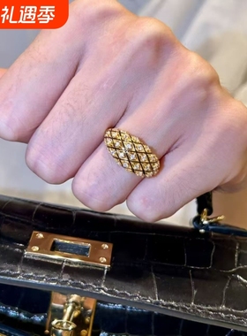 vintage中古黑金色点钻菱格宽面戒指时尚轻奢精致高级百搭食指戒