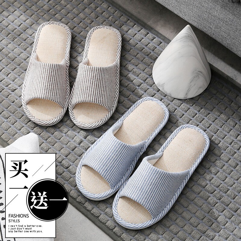 日本进口买一送一亚麻拖鞋男士夏天棉麻居家布防滑家居家用四季女