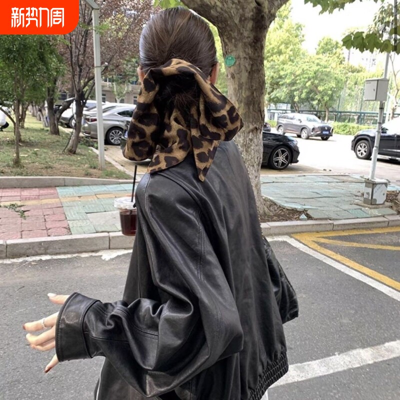 港风布艺方形豹纹褶皱发圈复古高马尾头绳时尚气质高级感发绳发饰