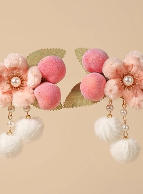 儿童汉服头饰古风桃子绒花发夹中国风宝宝新年发饰古装配饰发卡