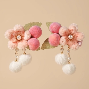 儿童汉服头饰古风桃子绒花发夹中国风宝宝新年发饰古装配饰发卡