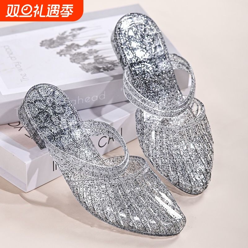 两穿凉拖鞋水晶塑料ins果冻透明防滑女夏季尖头镂空鞋子粗跟中跟