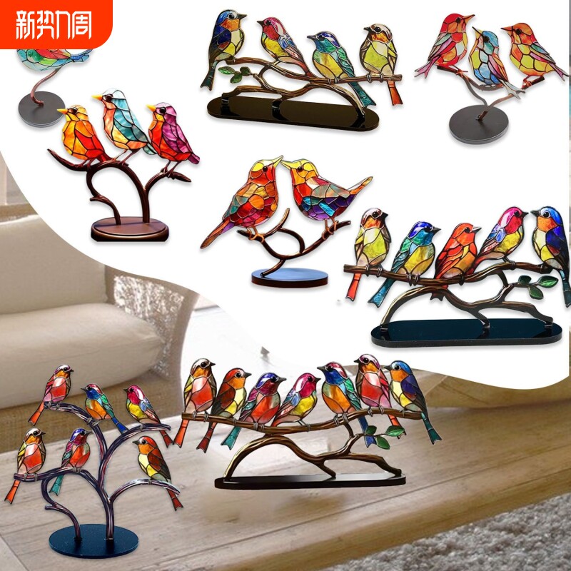 动物欧式小鸟摆件家居装饰摆件百花小鸟挂件亚克力家居
