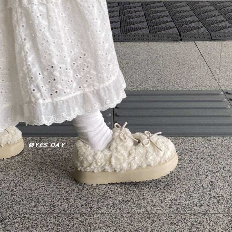 YesDay可爱蝴蝶结加绒保暖毛毛鞋女2025秋冬新款百搭厚底玛丽珍鞋
