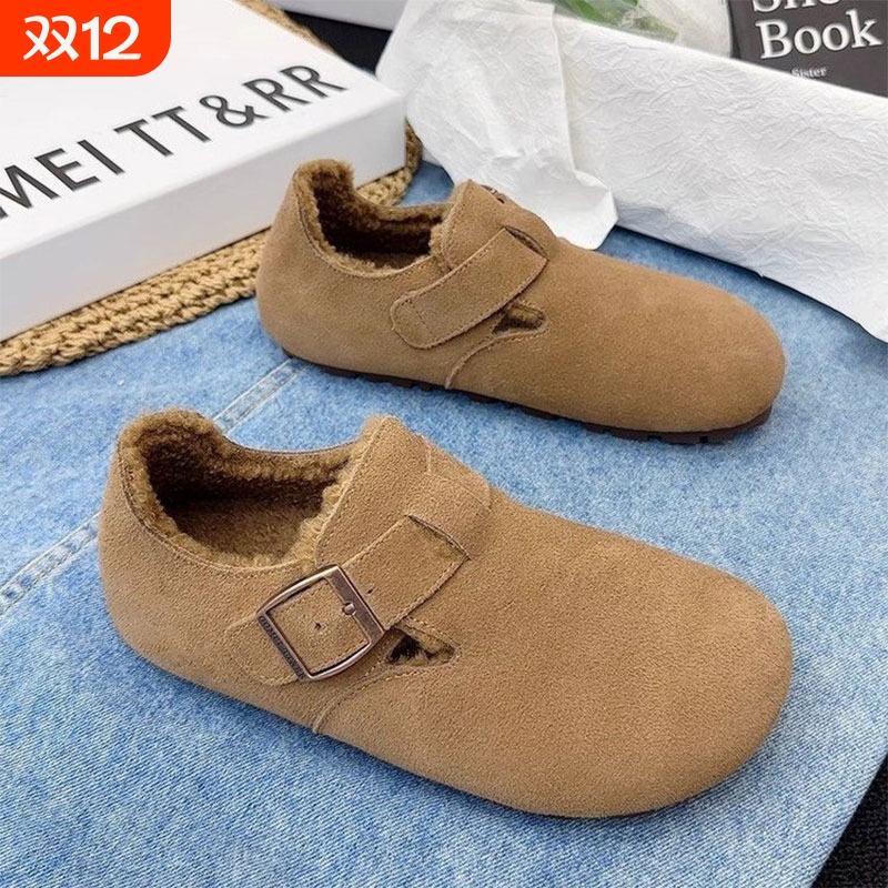大码女鞋41到43加绒勃肯鞋软底一脚蹬豆豆鞋毛毛鞋全包博肯鞋平底