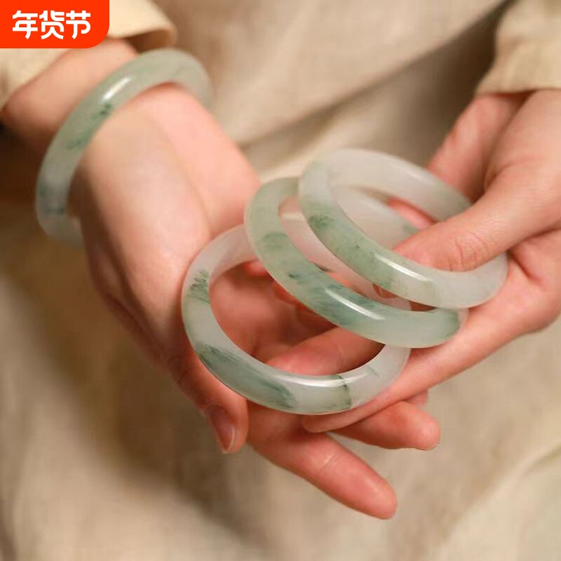 正品新疆天山翠手镯飘花带翠玉石镯子学生送妈妈女友亲友国风礼物