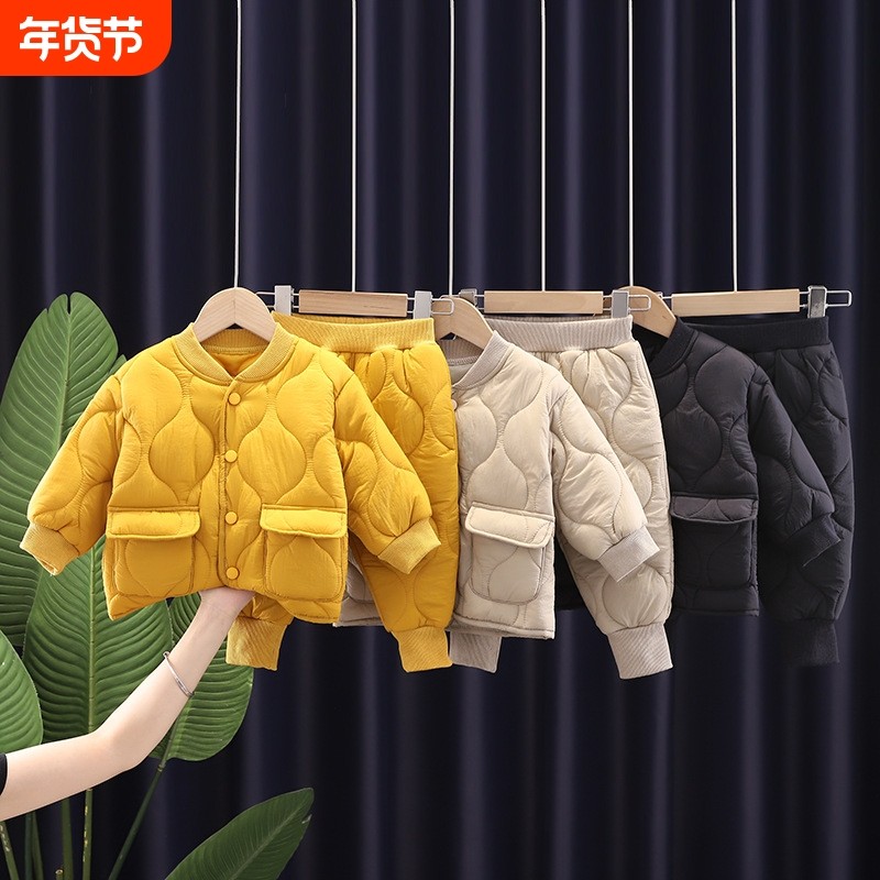 冬季新款韩版休闲中小童男女宝宝纯色夹棉棉袄两件套上衣裤子